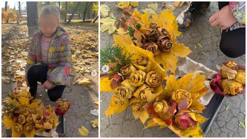 O fetiță confecționează buchete de toamnă, pe care le vinde în stradă, lângă un magazin