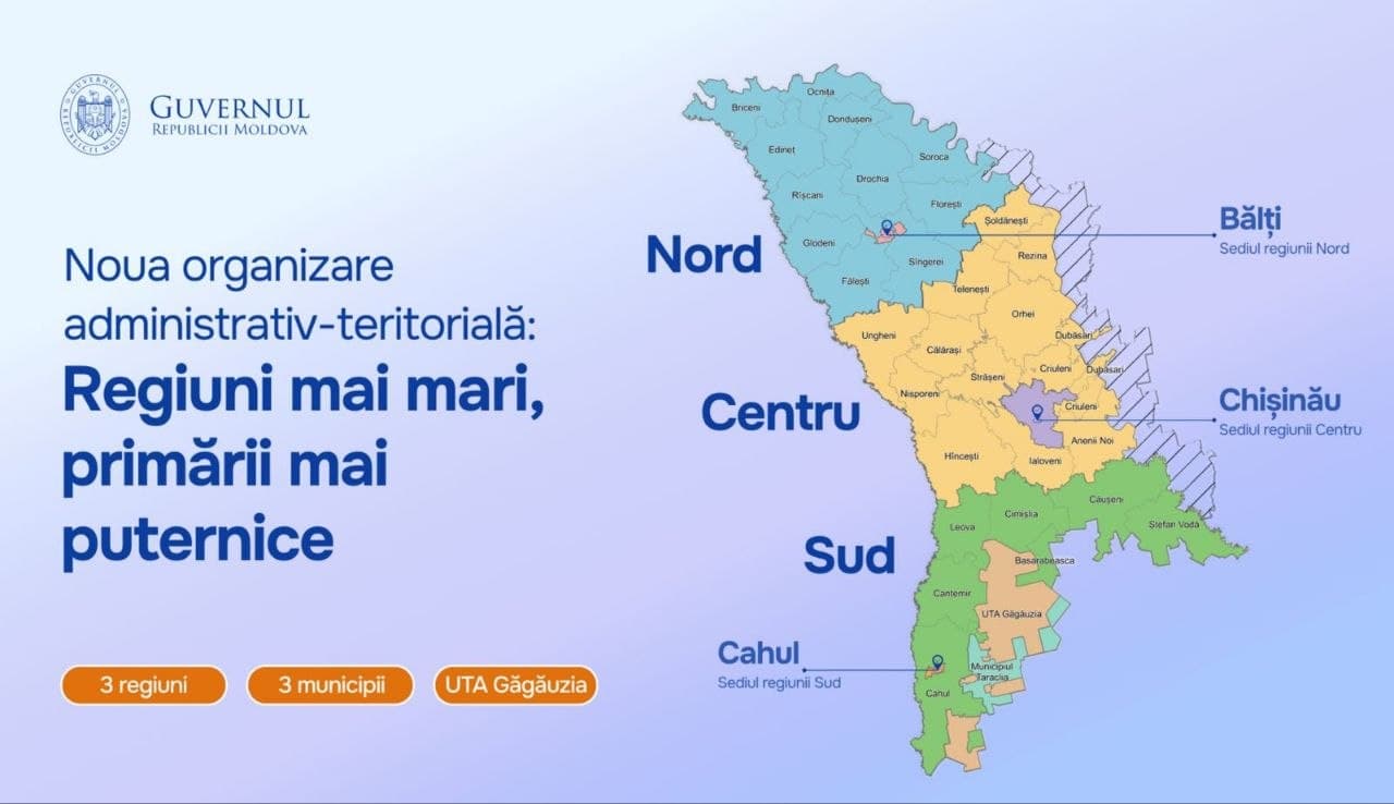 Moldova va fi împărțită în trei regiuni mari, Nord, Centru și Sud